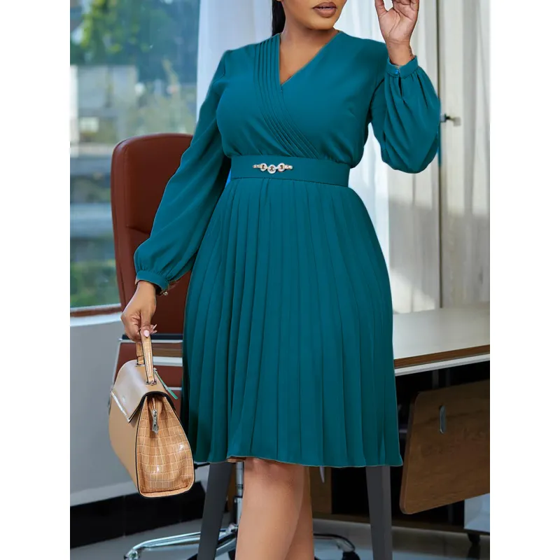 V-Neck Stylish Elegant Solid Color Pleated Dress