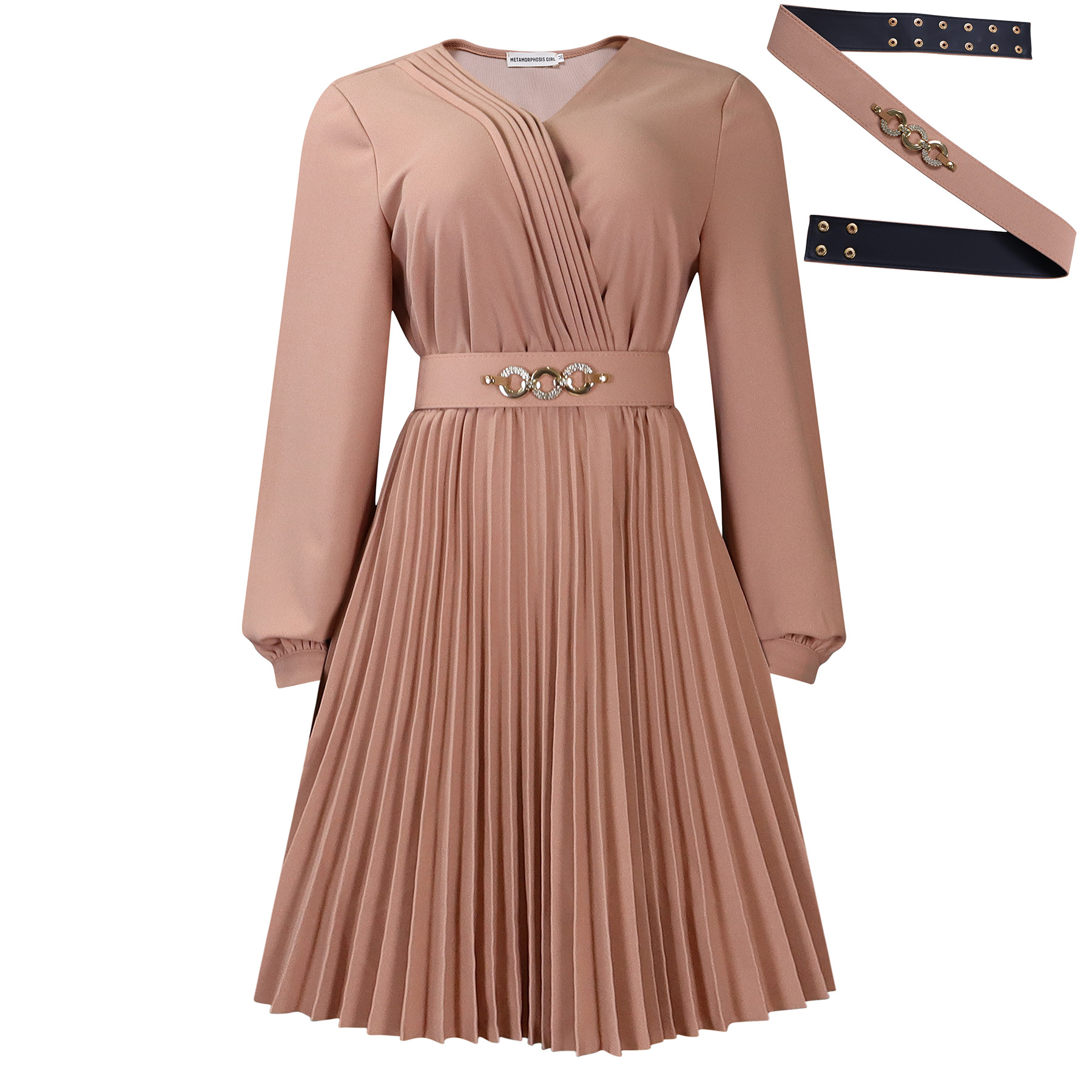 V-Neck Stylish Elegant Solid Color Pleated Dress