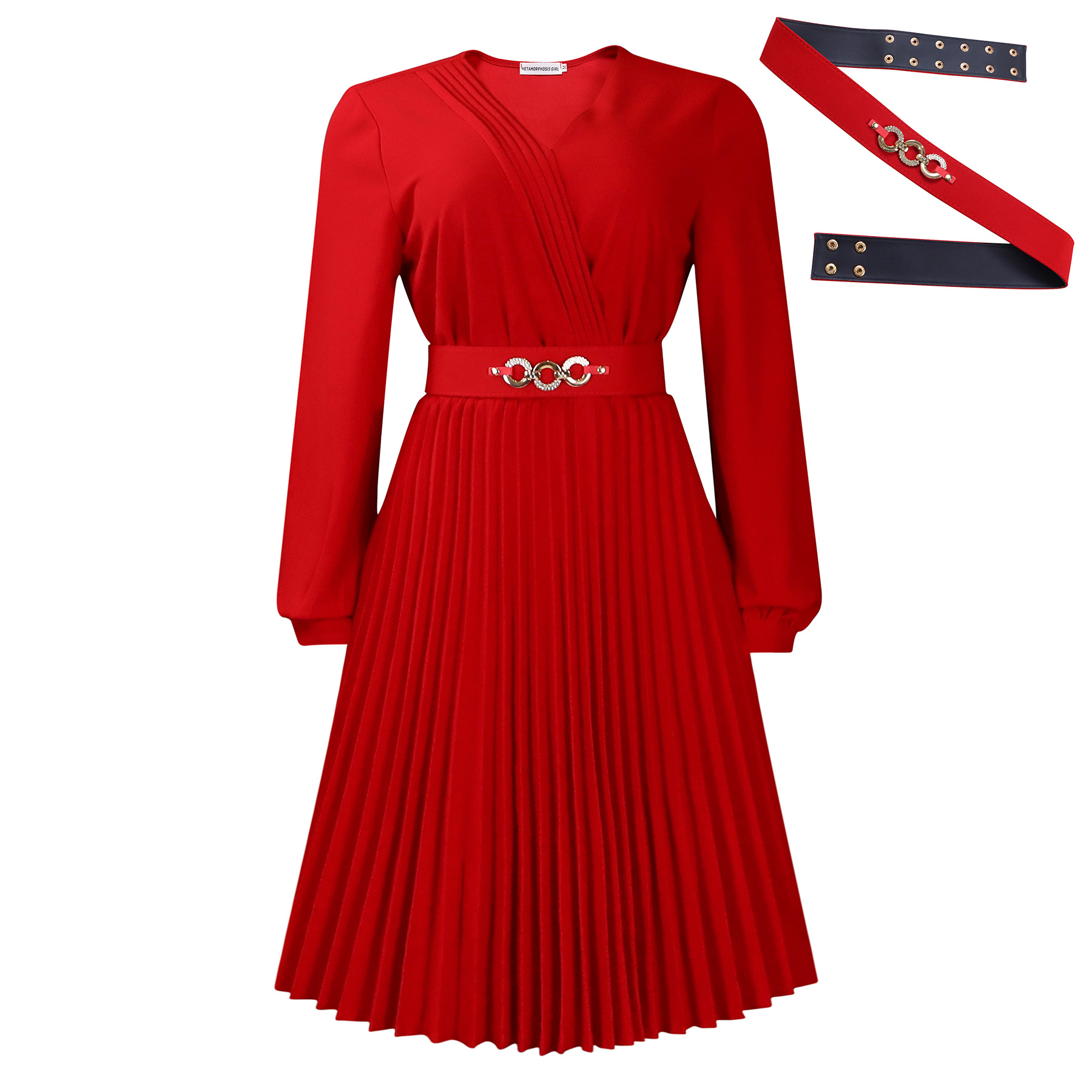 V-Neck Stylish Elegant Solid Color Pleated Dress