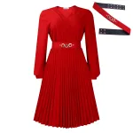 V-Neck Stylish Elegant Solid Color Pleated Dress