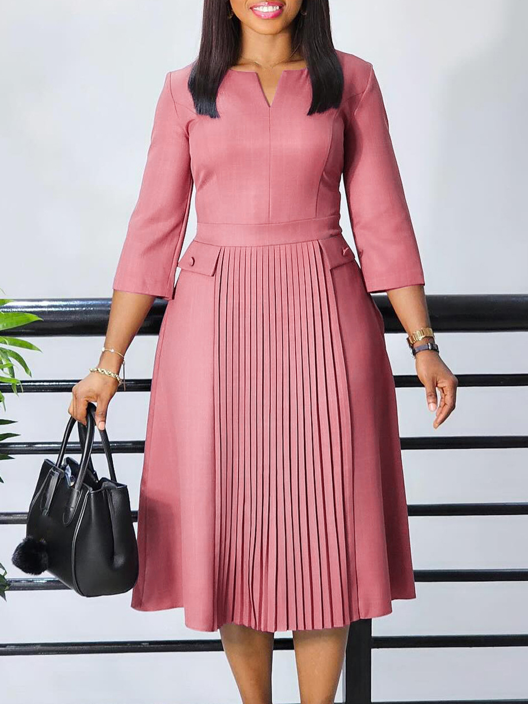 New Autumn Fashion Solid Color Pleated Dress