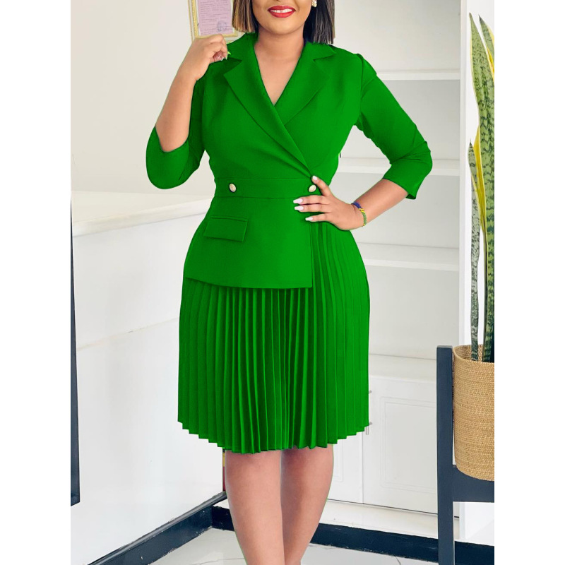 New Autumn Fashion Temperament Suit Collar Solid Color Pleated Dress