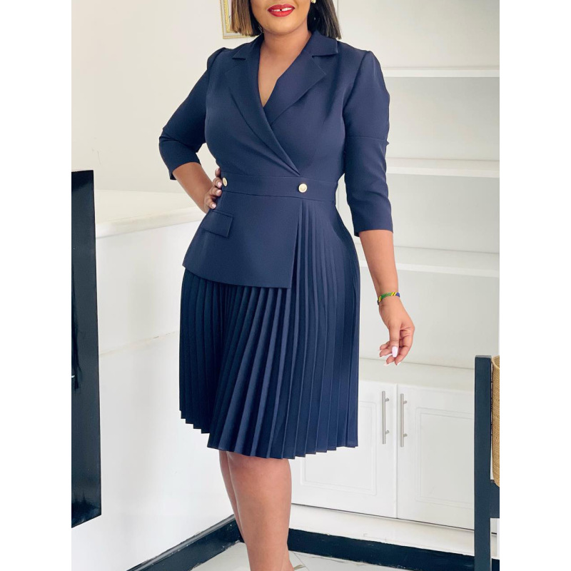 New Autumn Fashion Temperament Suit Collar Solid Color Pleated Dress