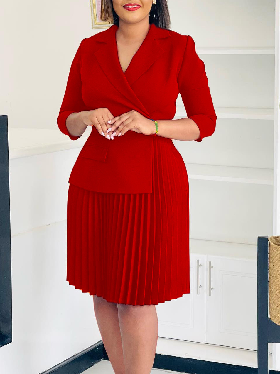 New Autumn Fashion Temperament Suit Collar Solid Color Pleated Dress