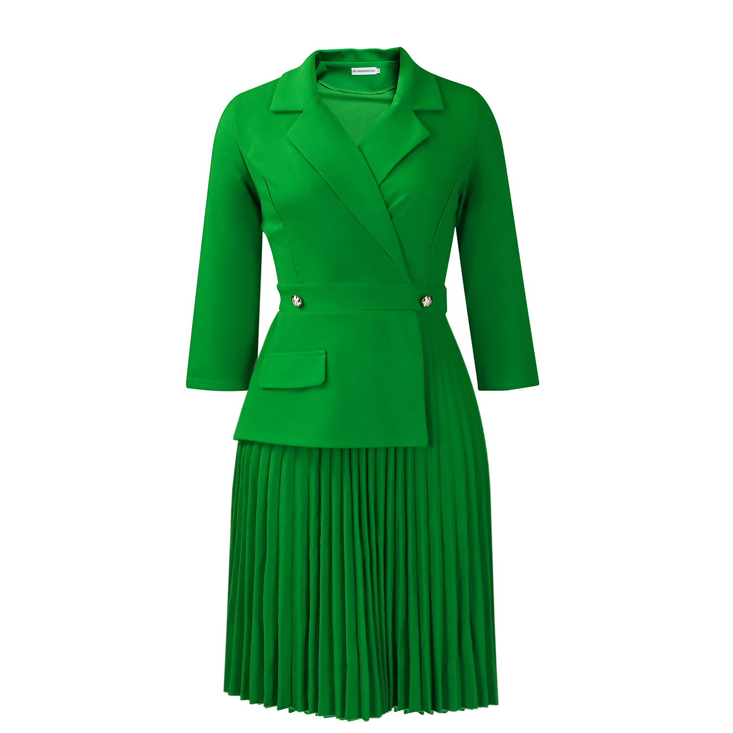 New Autumn Fashion Temperament Suit Collar Solid Color Pleated Dress