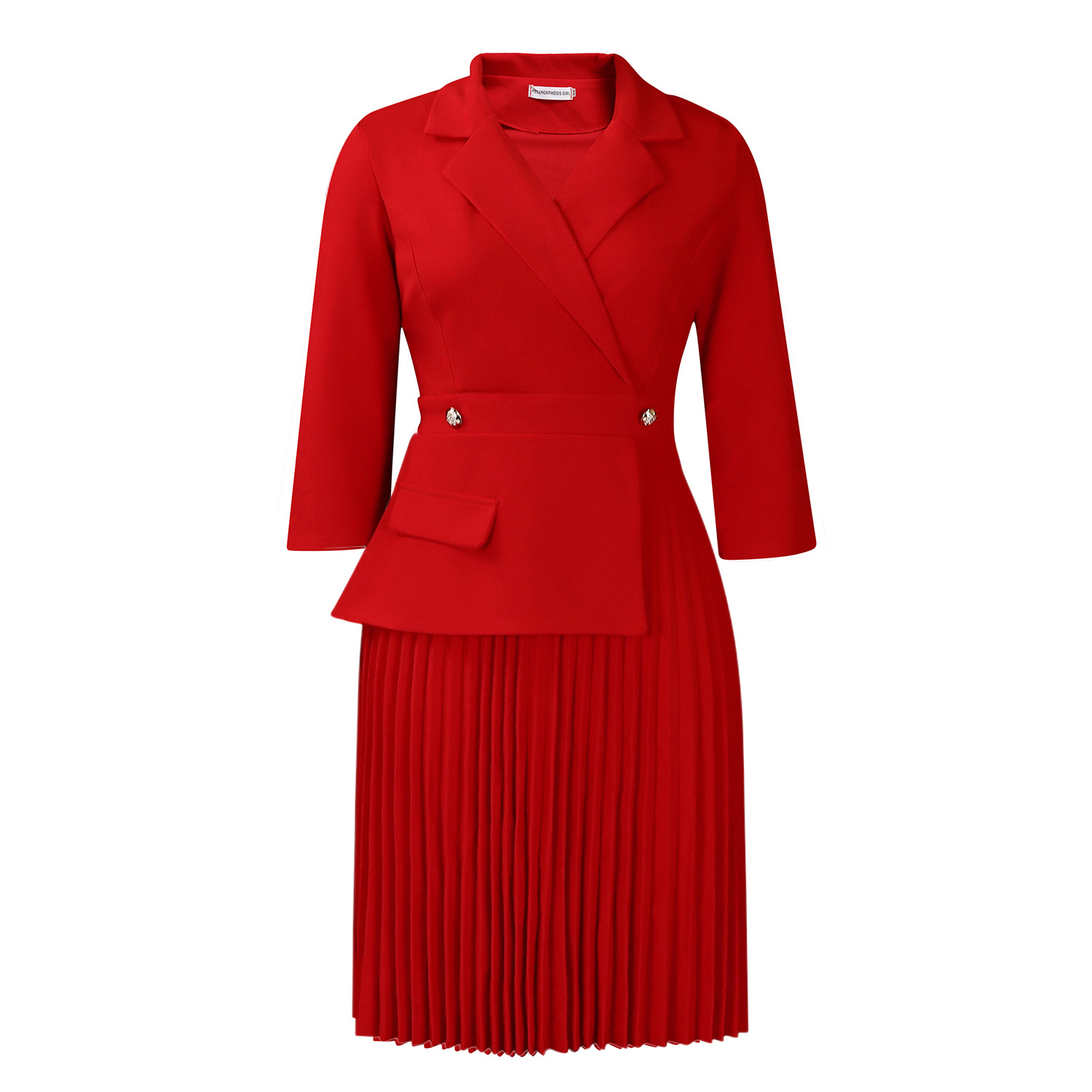 New Autumn Fashion Temperament Suit Collar Solid Color Pleated Dress