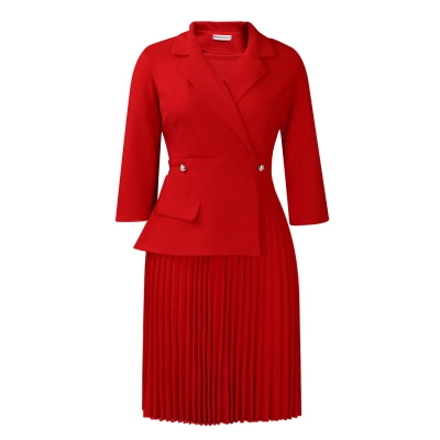 New Autumn Fashion Temperament Suit Collar Solid Color Pleated Dress 01