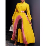 New Autumn Lace-Up Pleated Long Sleeve Colorblock Dress