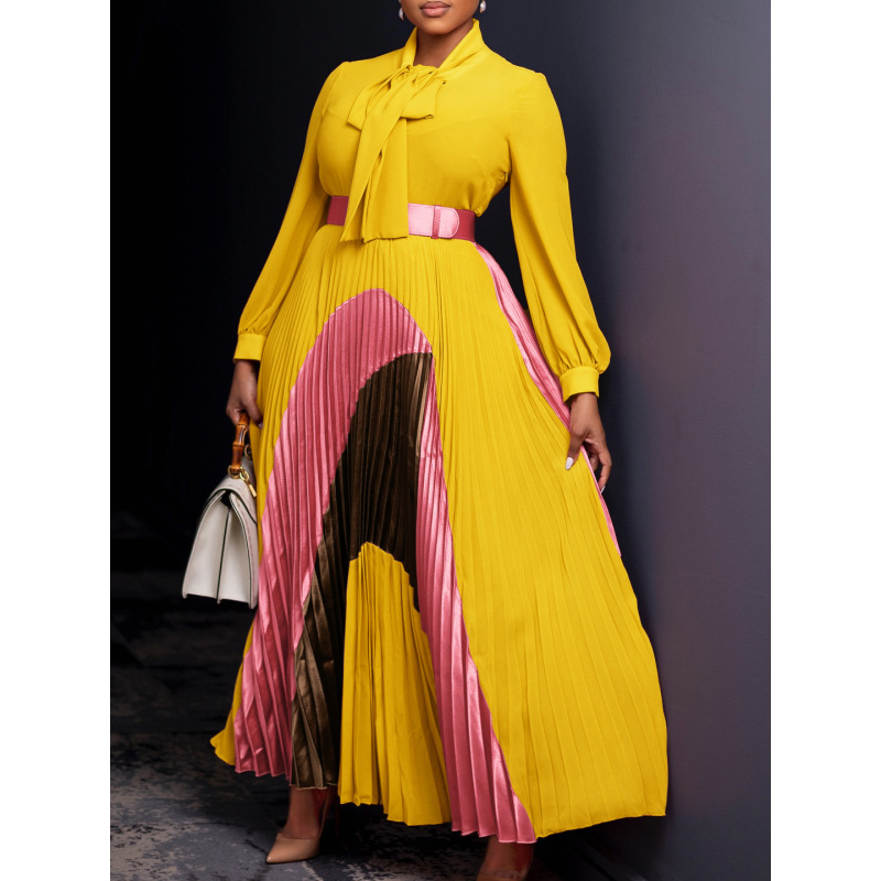 New Autumn Lace-Up Pleated Long Sleeve Colorblock Dress