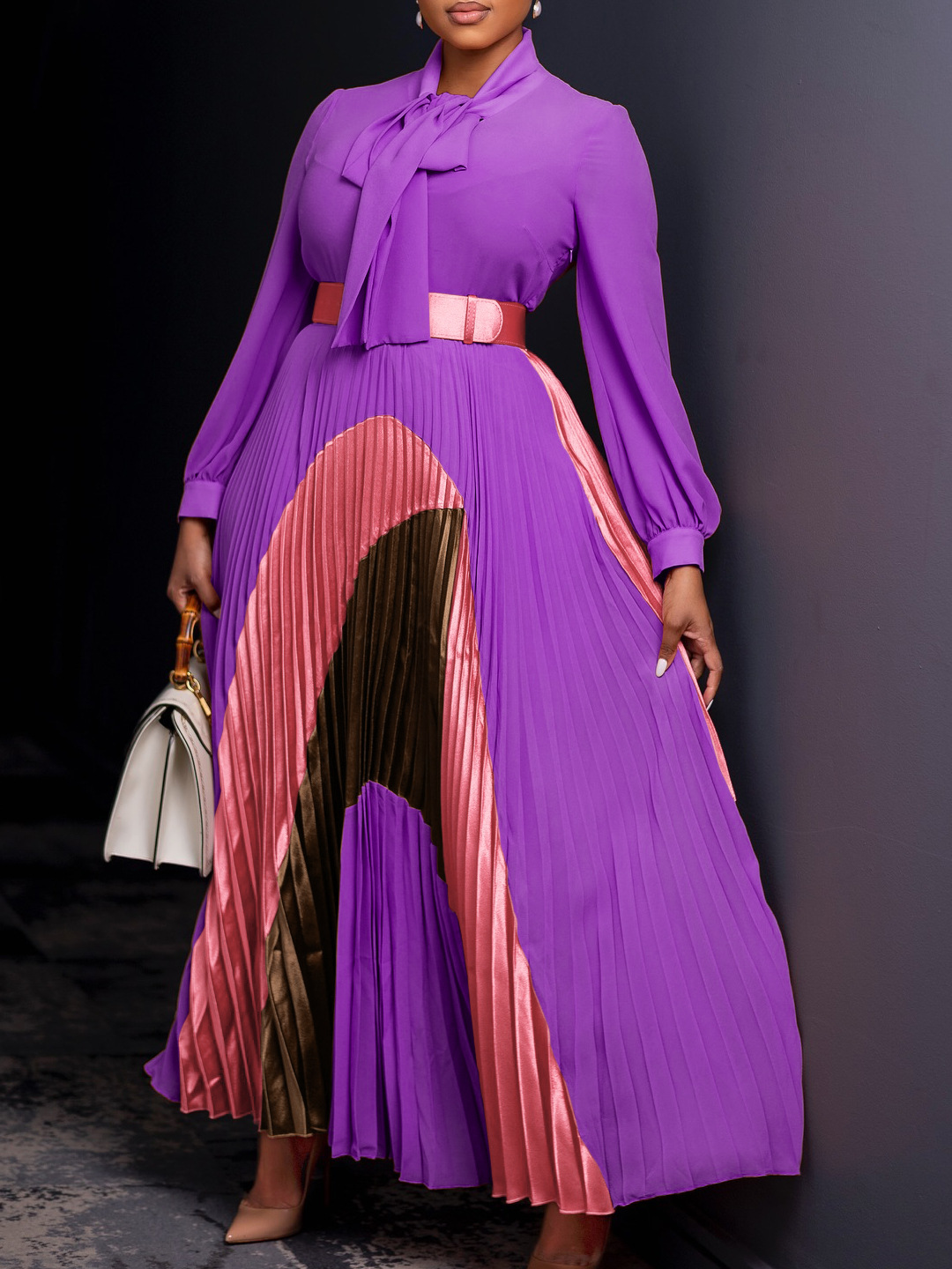 New Autumn Lace-Up Pleated Long Sleeve Colorblock Dress