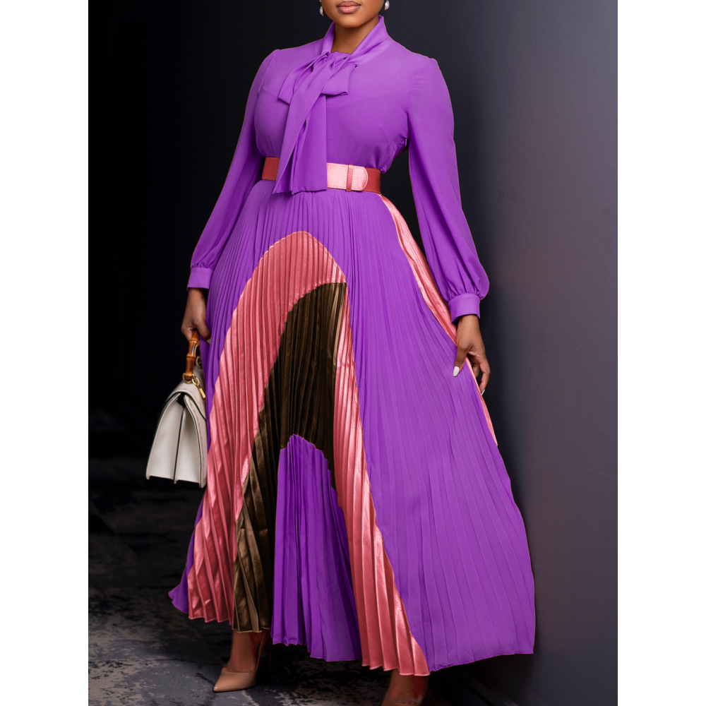 New Autumn Lace-Up Pleated Long Sleeve Colorblock Dress