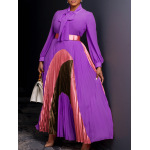 New Autumn Lace-Up Pleated Long Sleeve Colorblock Dress