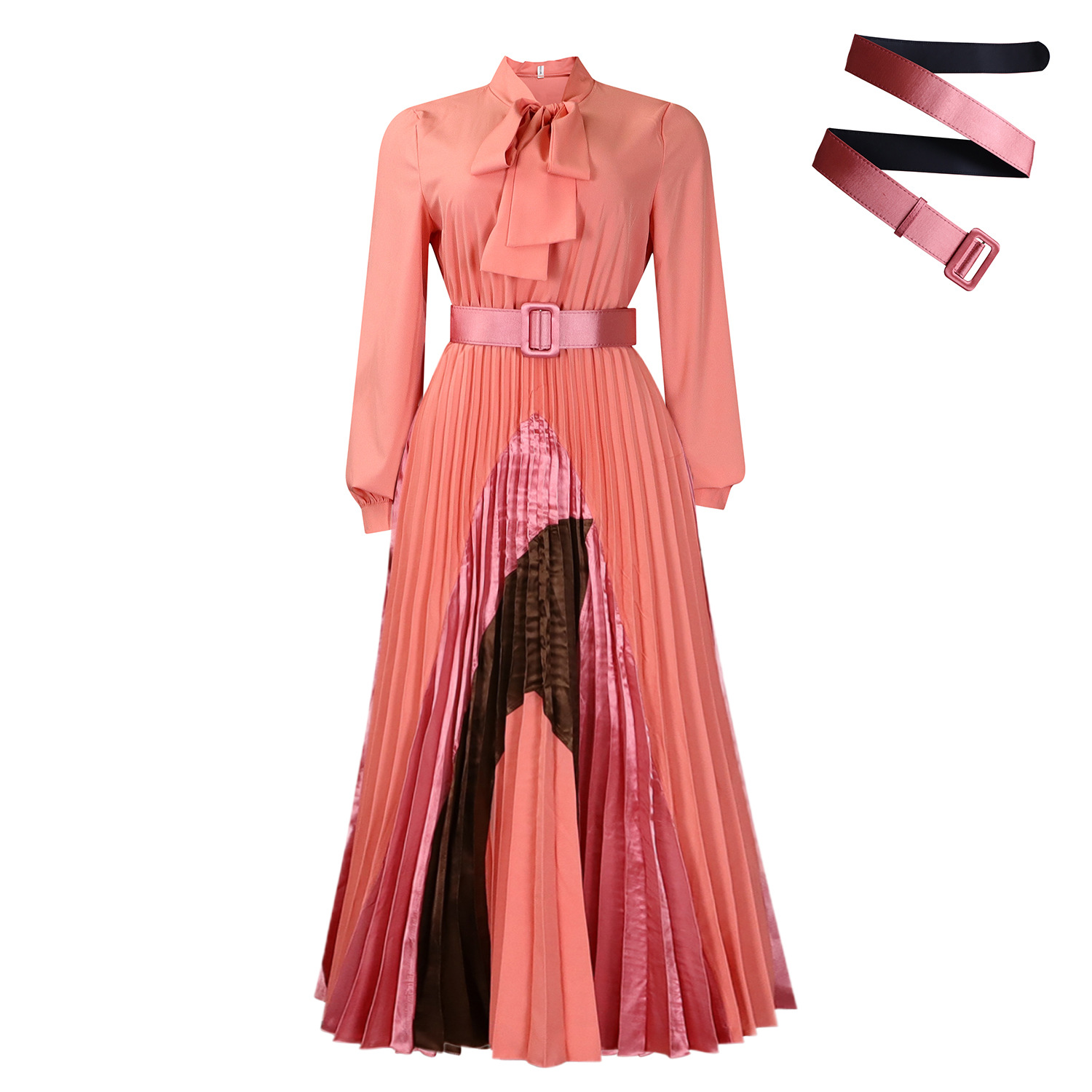 New Autumn Lace-Up Pleated Long Sleeve Colorblock Dress
