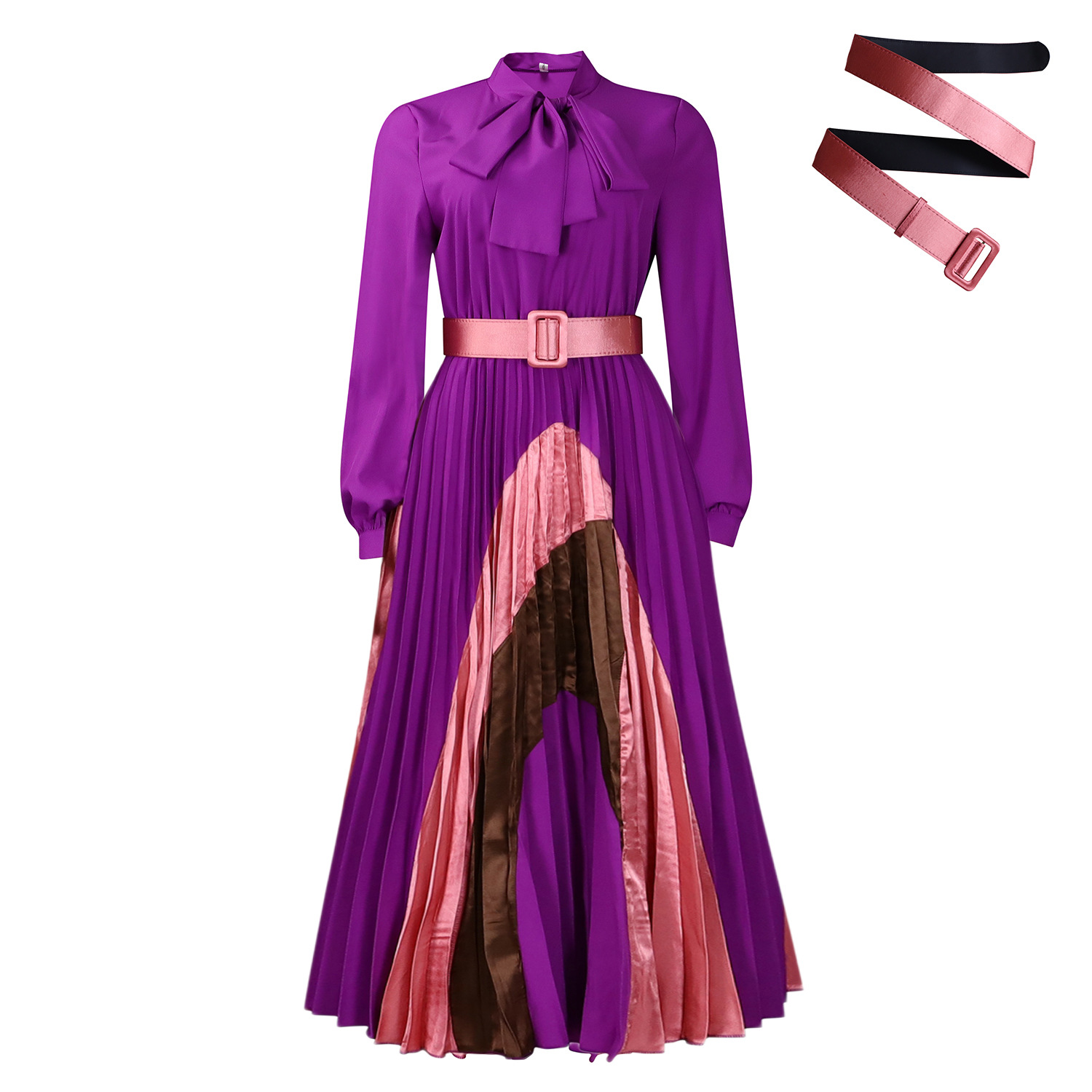 New Autumn Lace-Up Pleated Long Sleeve Colorblock Dress