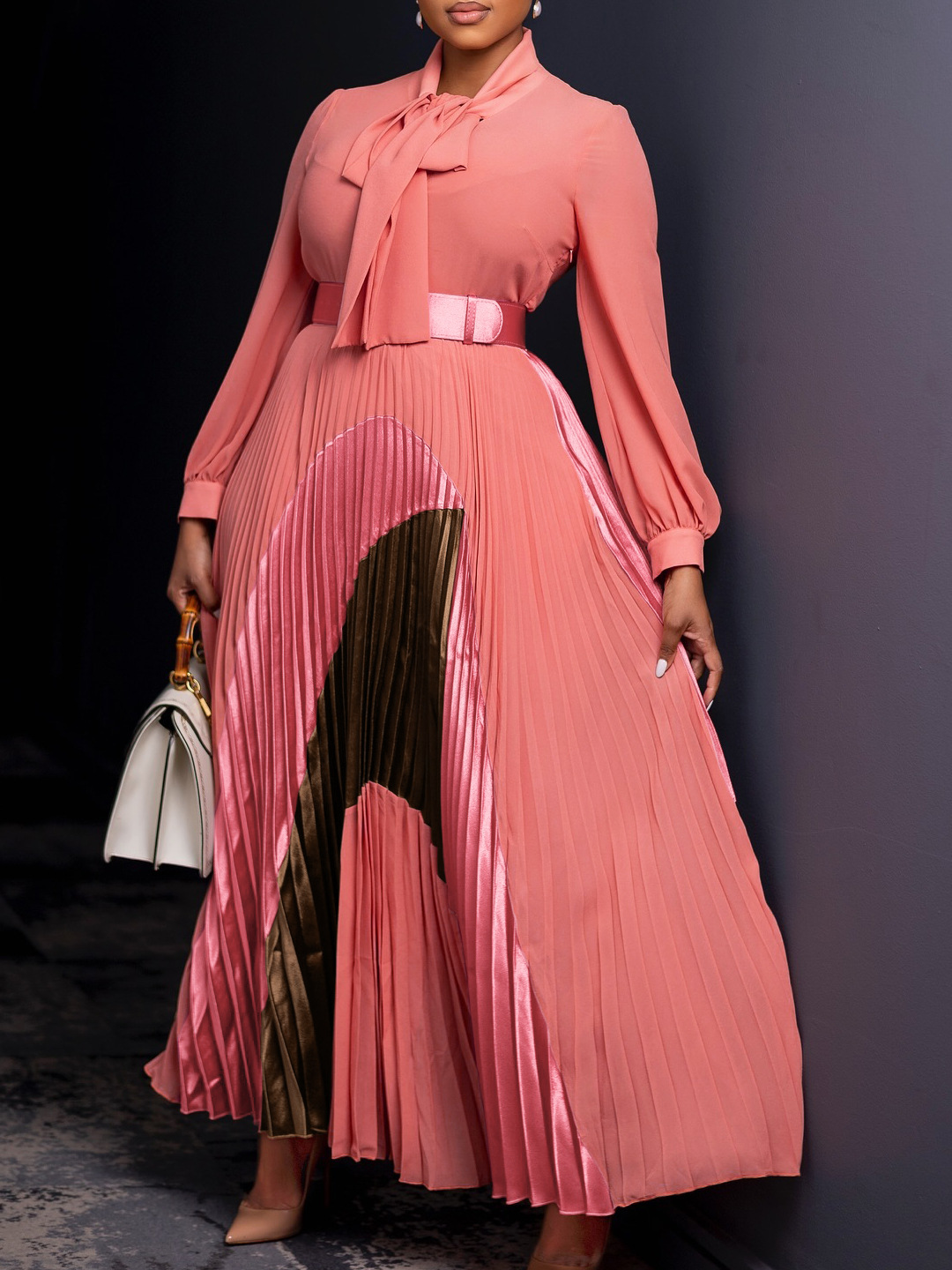 New Autumn Lace-Up Pleated Long Sleeve Colorblock Dress