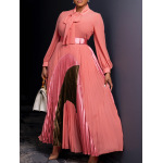 New Autumn Lace-Up Pleated Long Sleeve Colorblock Dress