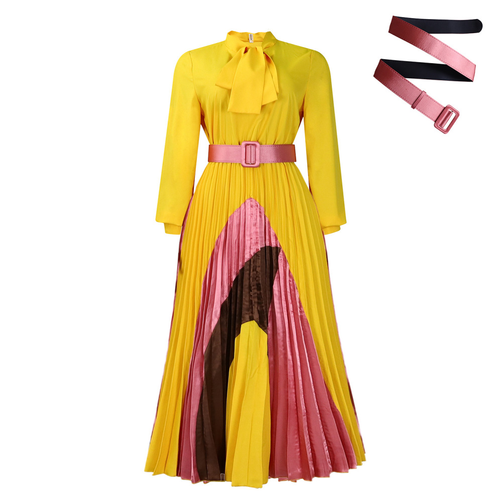 New Autumn Lace-Up Pleated Long Sleeve Colorblock Dress