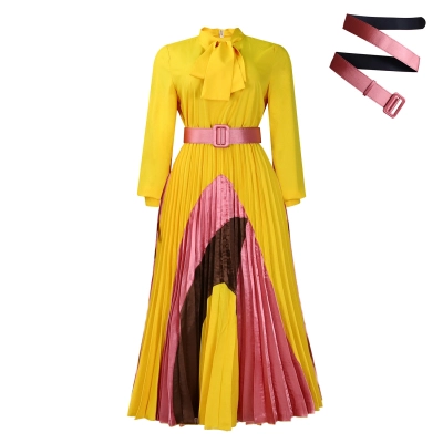 New Autumn Lace-Up Pleated Long Sleeve Colorblock Dress 01