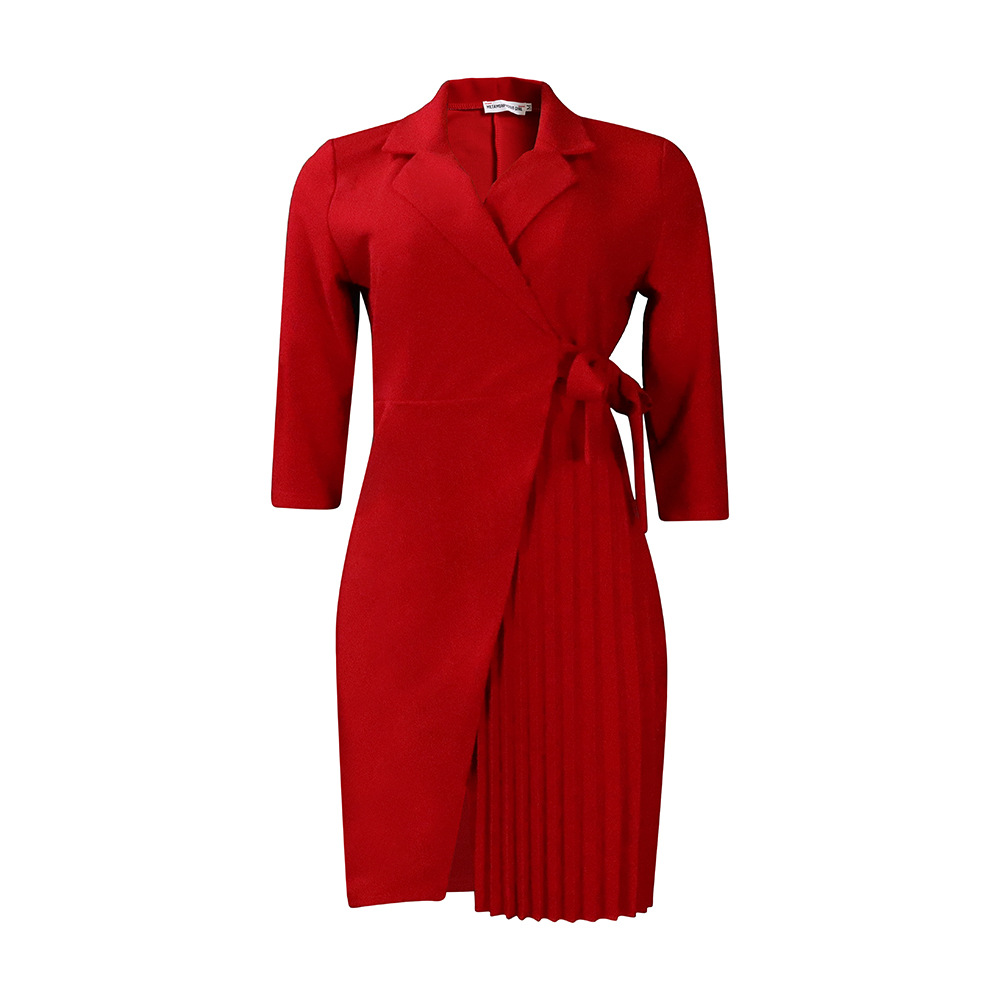 New Fashion Suit Collar Tie Waist Pleated Dress