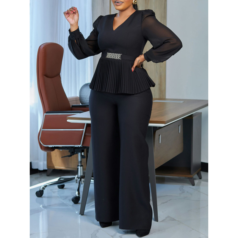 New OL Fashion Commuter Long-Sleeved Top Wide-Leg Pants Suit