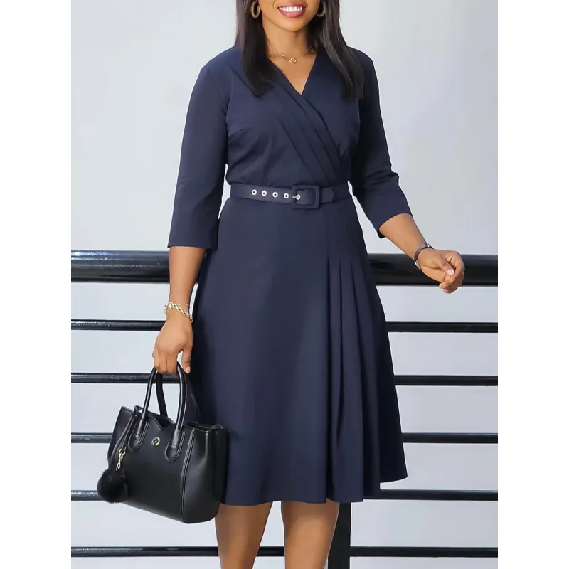 New V-Neck Fashionable Temperament Pleated Elastic Temperament Dress
