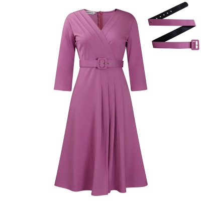 New V-Neck Fashionable Temperament Pleated Elastic Temperament Dress 01