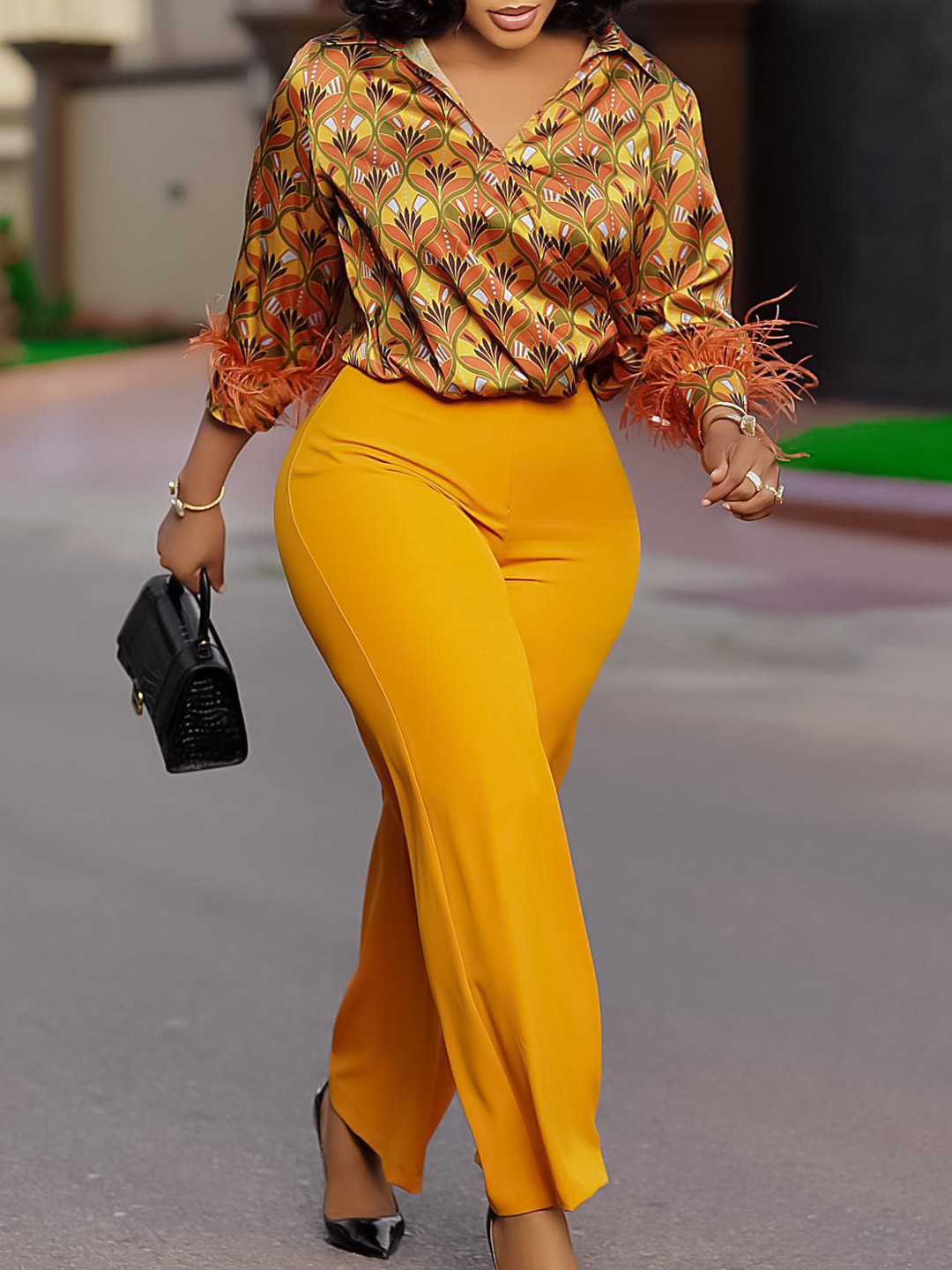 Printed Long-Sleeved Shirt, Elegant Wide-Leg Pants, Fashionable Suit