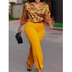 Printed Long-Sleeved Shirt, Elegant Wide-Leg Pants, Fashionable Suit