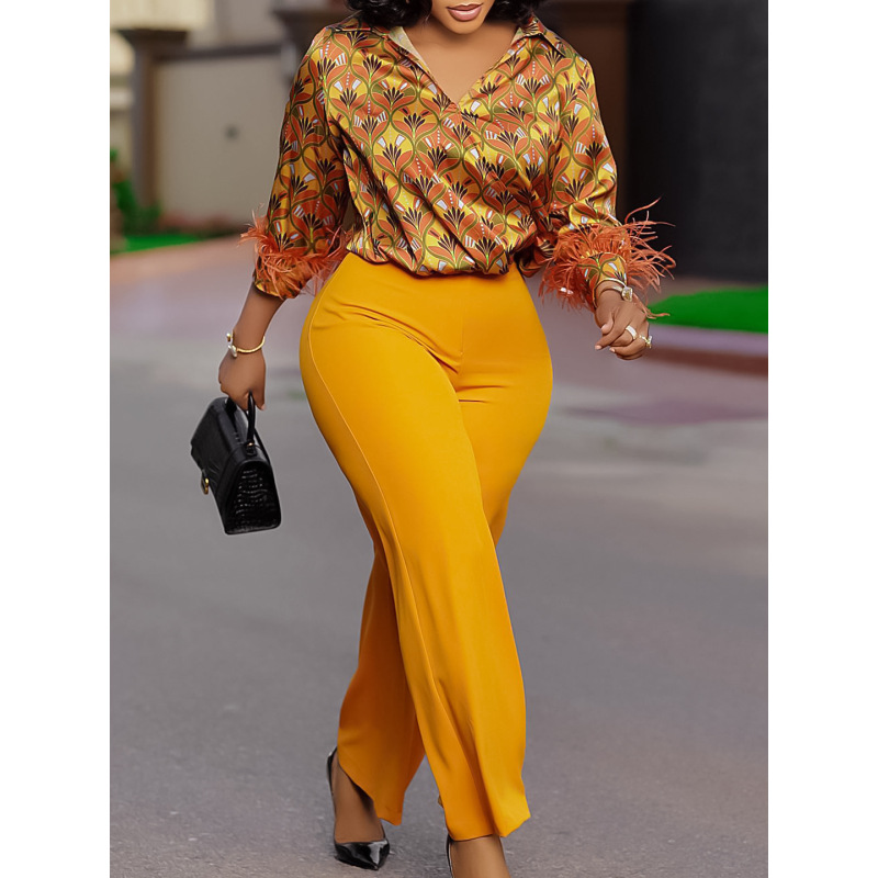 Printed Long-Sleeved Shirt, Elegant Wide-Leg Pants, Fashionable Suit