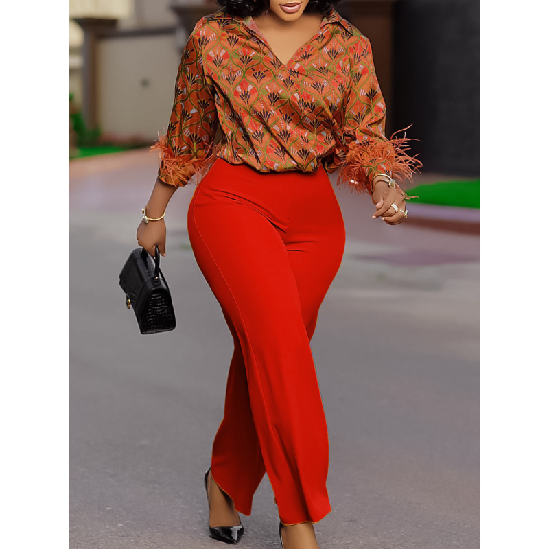 Printed Long-Sleeved Shirt, Elegant Wide-Leg Pants, Fashionable Suit