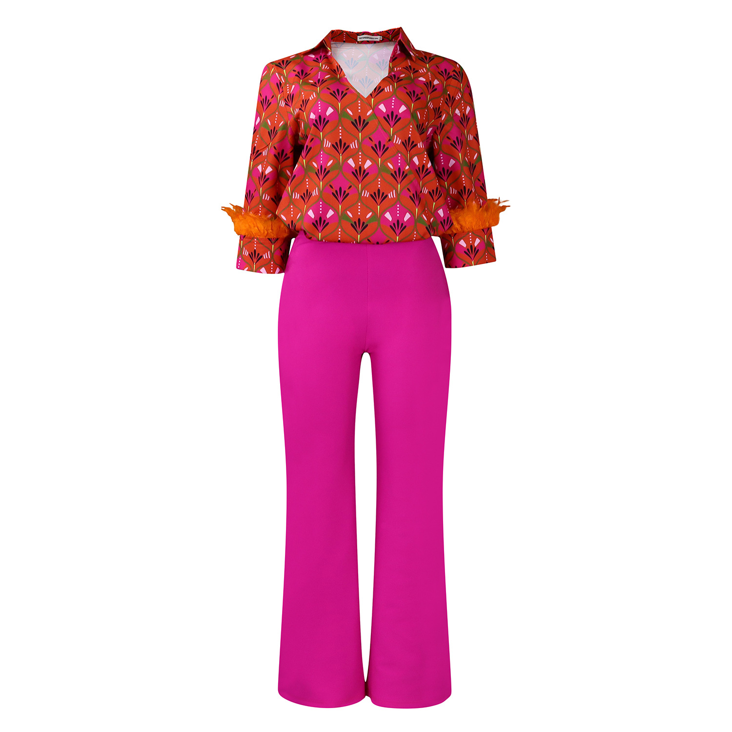 Printed Long-Sleeved Shirt, Elegant Wide-Leg Pants, Fashionable Suit