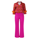 Printed Long-Sleeved Shirt, Elegant Wide-Leg Pants, Fashionable Suit