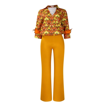 Printed Long-Sleeved Shirt, Elegant Wide-Leg Pants, Fashionable Suit 01