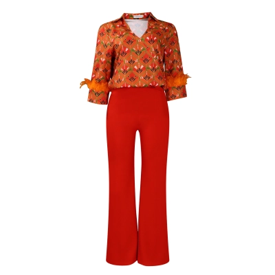 Printed Long-Sleeved Shirt, Elegant Wide-Leg Pants, Fashionable Suit 02