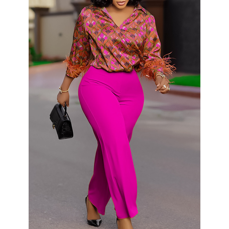 Printed Long-Sleeved Shirt, Elegant Wide-Leg Pants, Fashionable Suit