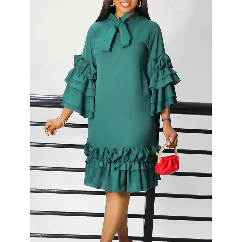 Spring And Summer Fashion Casual Style Ruffled Trumpet Sleeve Dress