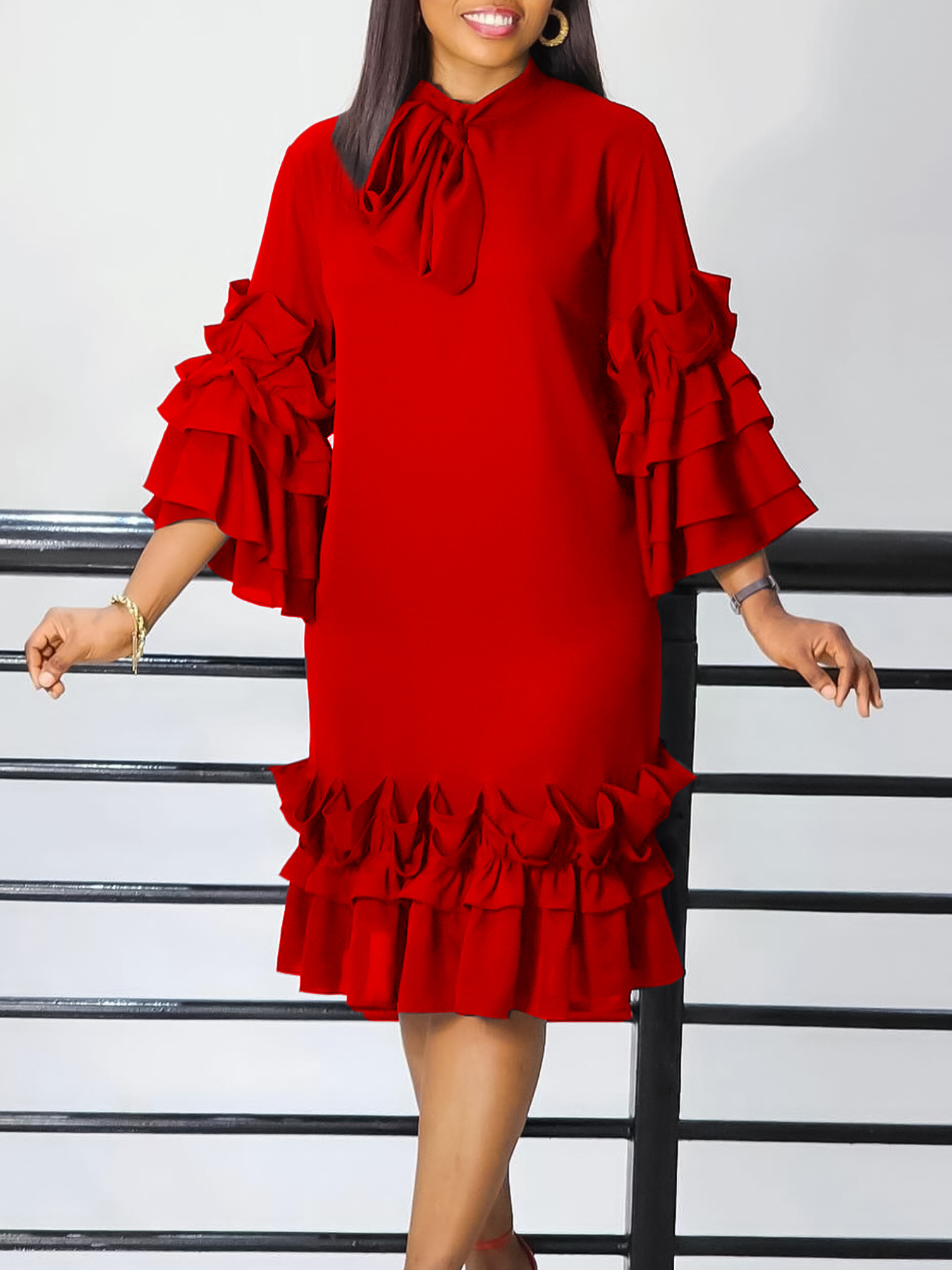 Spring And Summer Fashion Casual Style Ruffled Trumpet Sleeve Dress