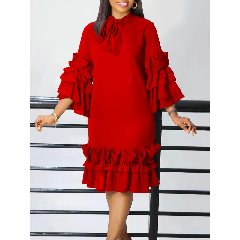 Spring And Summer Fashion Casual Style Ruffled Trumpet Sleeve Dress