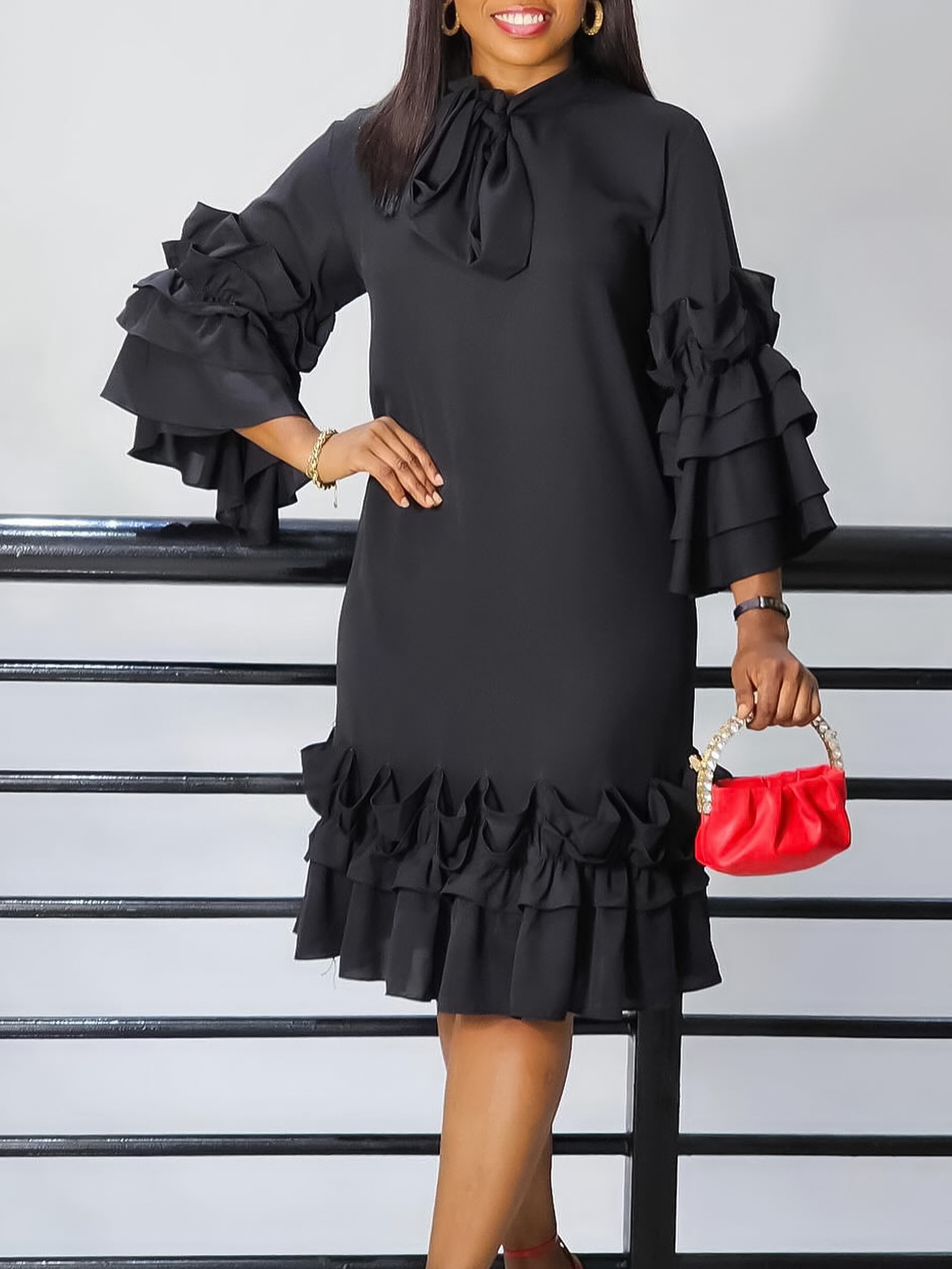 Spring And Summer Fashion Casual Style Ruffled Trumpet Sleeve Dress