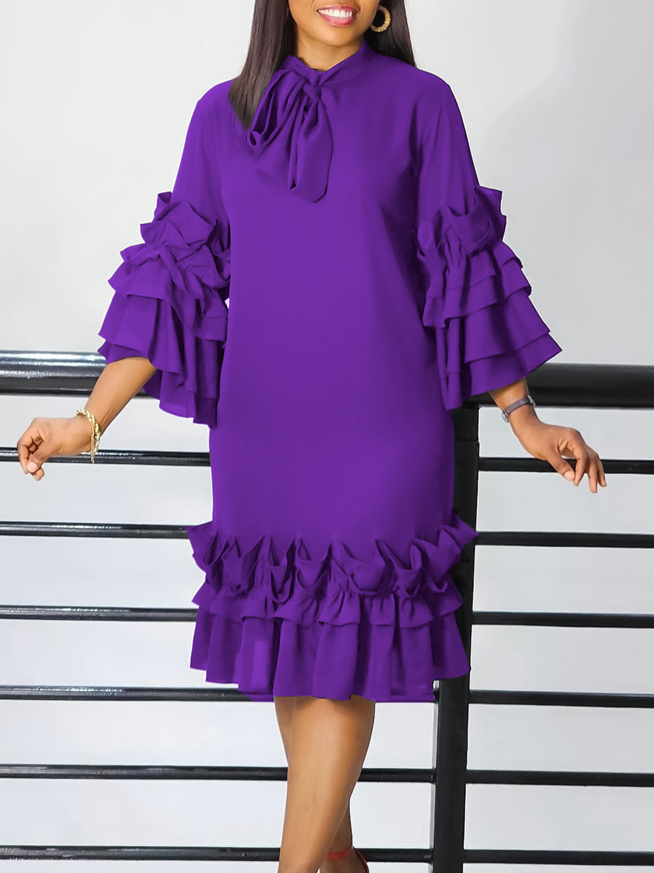 Spring And Summer Fashion Casual Style Ruffled Trumpet Sleeve Dress
