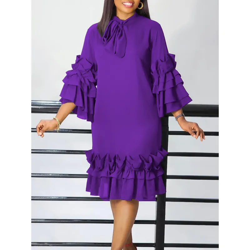 Spring And Summer Fashion Casual Style Ruffled Trumpet Sleeve Dress