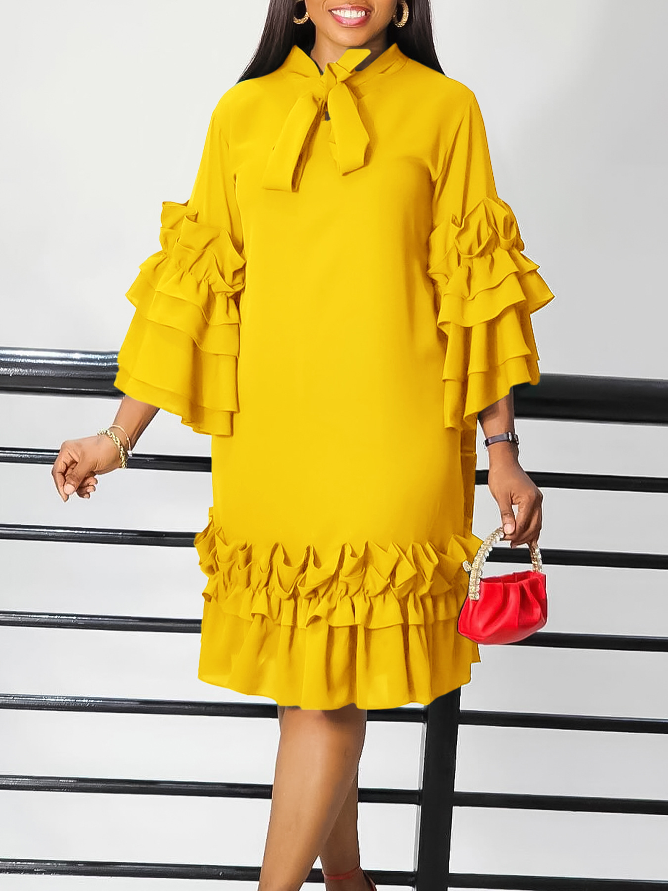 Spring And Summer Fashion Casual Style Ruffled Trumpet Sleeve Dress