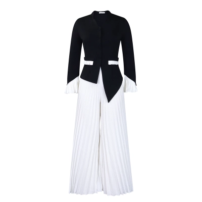 Spring New Fashion Trumpet Sleeve Top Pleated Wide-Leg Pants Suit 01