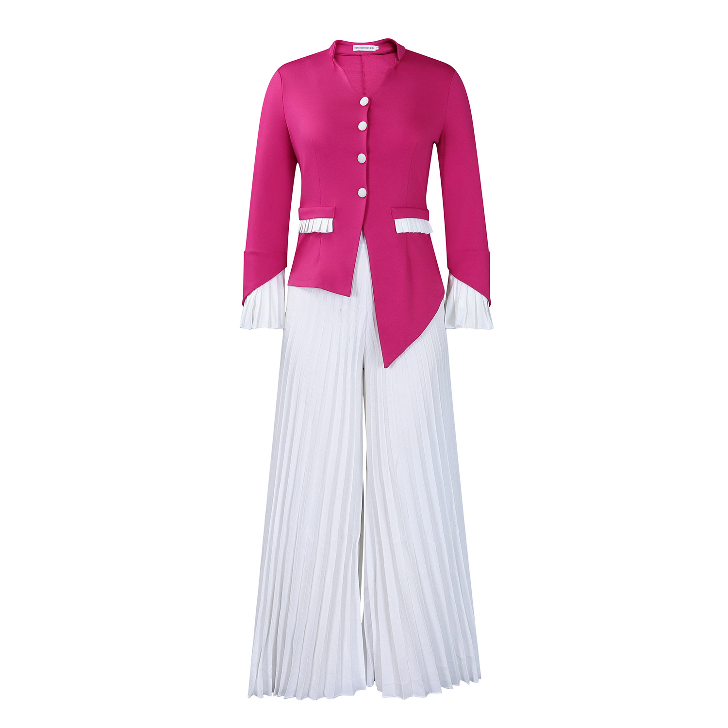 Spring New Fashion Trumpet Sleeve Top Pleated Wide-Leg Pants Suit