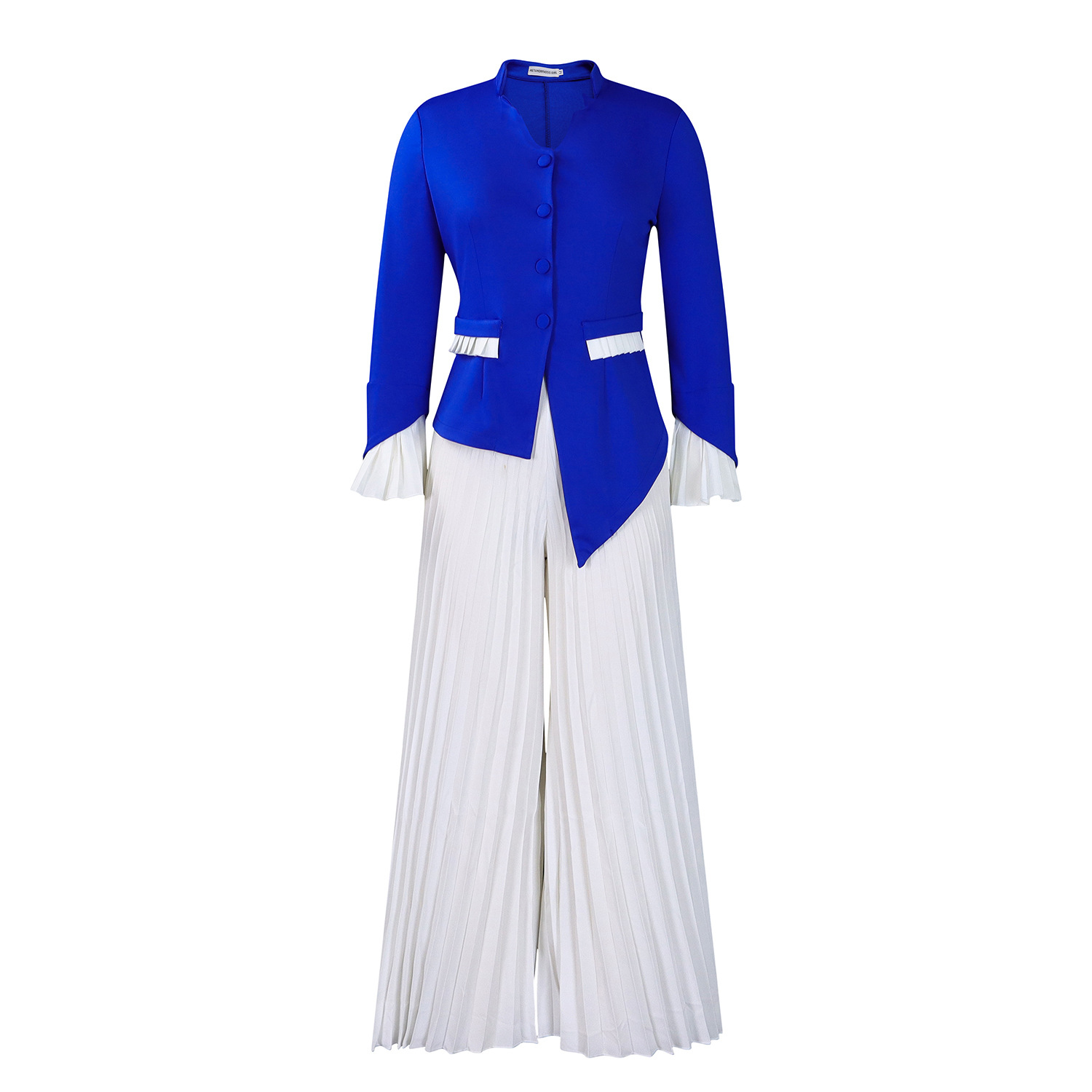 Spring New Fashion Trumpet Sleeve Top Pleated Wide-Leg Pants Suit