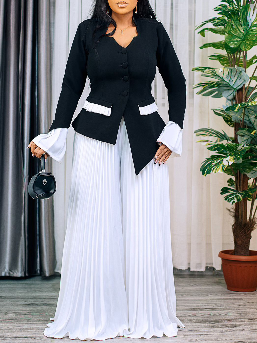 Spring New Fashion Trumpet Sleeve Top Pleated Wide-Leg Pants Suit