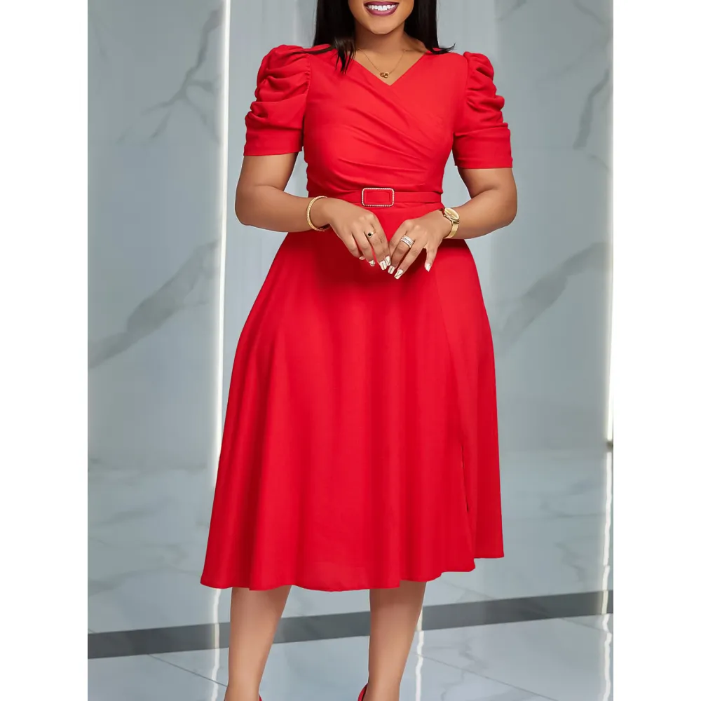 Summer New Fashion Temperament Elegant V-Neck Pleated Large Swing Dress