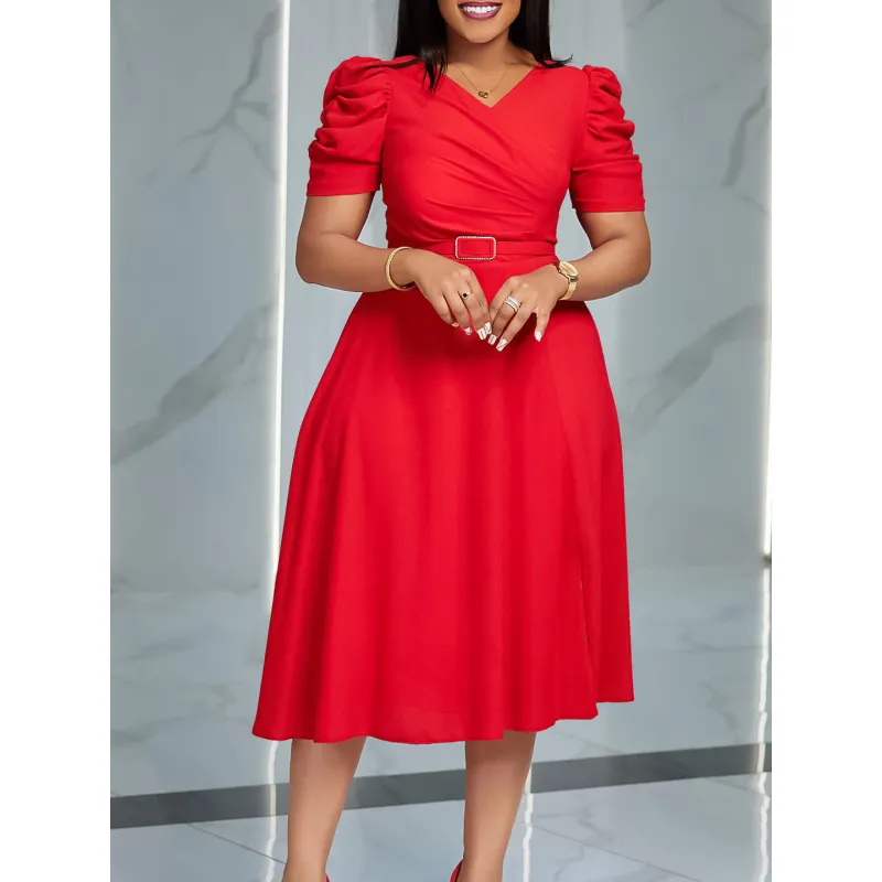 Summer New Fashion Temperament Elegant V-Neck Pleated Large Swing Dress