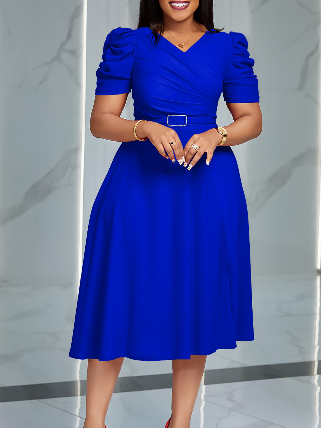 Summer New Fashion Temperament Elegant V-Neck Pleated Large Swing Dress