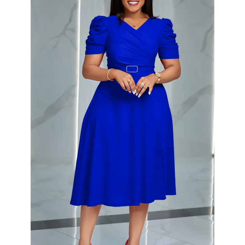 Summer New Fashion Temperament Elegant V-Neck Pleated Large Swing Dress